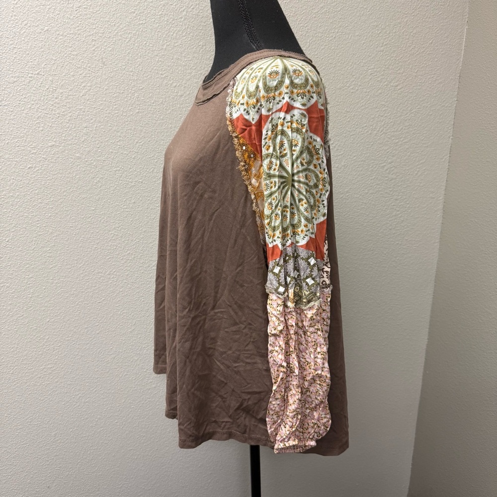 Easel Boho Patchwork Top L Brown Floral Sleeve Mixed Print Casual Chic - Picture 4 of 10